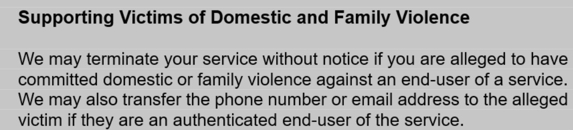 TheRealMenToo's tweet photo. Appalling new policy from Telstra and Boost, announcing that they plan to terminate the service of "alleged" perpetrators of domestic violence. Write and protest or change your provider. https://t.co/wfjeFL5N5u