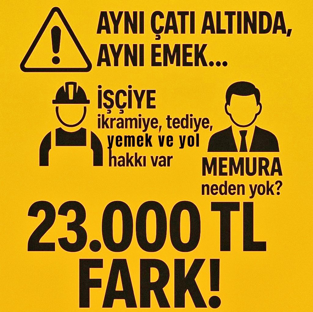#Kamuda23BinFarkVar 
Biri 696 KHK ile kadroya geçmiş işçi, diğeri KPSS ile atanmış memur.
İşçi ikramiye,tediye,yemek,yol ek ödemesi alıyor,memur hiçbir ek ödeme almıyor!

Polis, öğretmen, mühendis, akademisyen,memur..
 
Gelir adaleti için #MemuraEkProtokolSart'tır.