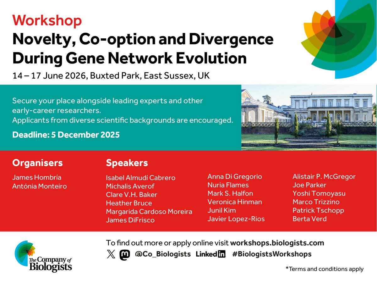 Co_Biologists's tweet image. One month remaining for early-career researchers to apply for a funded place at our Workshop &apos;Novelty, Co-option and Divergence During Gene Network Evolution&apos; organised by James Hombría &amp;amp; Antónia Monteiro @MonteiroLab. Deadline 5 Dec.
biologists.com/workshops/june… #BiologistsWorkshops