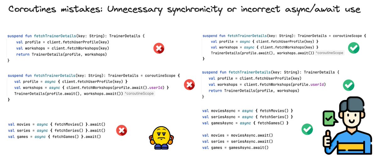 ktdotacademy's tweet image. The most common mistake with coroutines is either not using async where it can speed-up execution, or using it in a way that makes no sense. Let me explain.