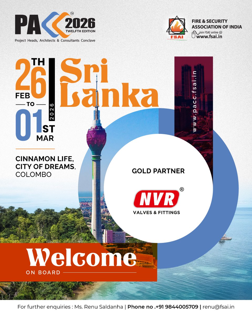 FSAIIndia's tweet image. Excited to welcome NVR Valves &amp;amp; Fittings as Gold Partner for #PACC2026!

Proud to have a trusted engineering solutions brand join us in Colombo 🇱🇰
📅 26 Feb – 1 Mar 2026
#NVR #SafetySolutions #Valves #Engineering #SriLanka