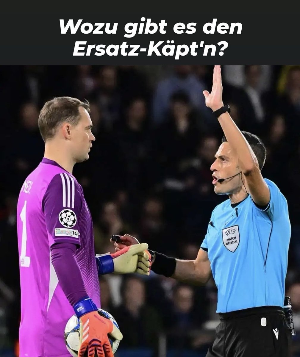 Bei den Bayern ist Joshua #Kimmich Ersatzkapitän. Dieser ist für den Schiedsrichter ein wichtiges Bindeglied um Entscheidungen an die Mannschaft zu erläutern. Es ist ein bisschen sinnlos, Manuel #Neuer aus seinem Tor zu holen, wenn Kimmich in der Nähe steht. #PSGFCB