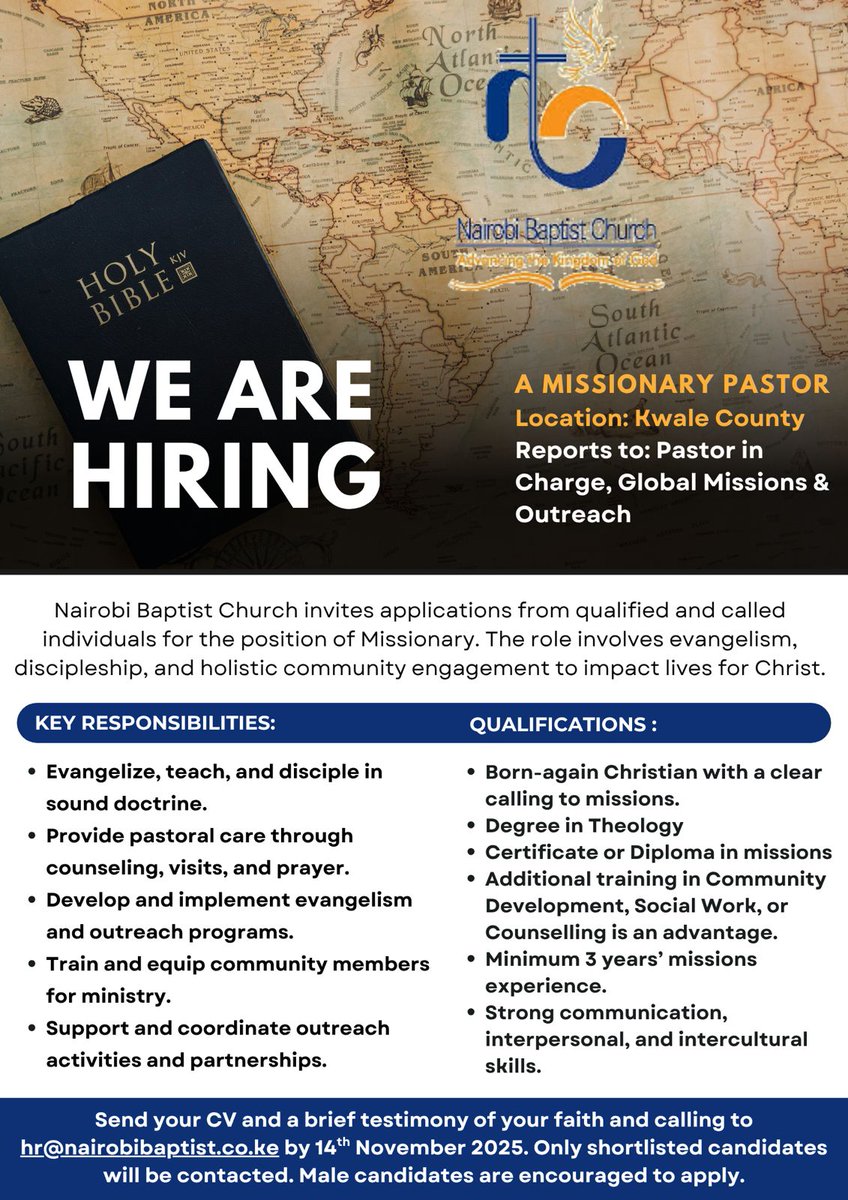 We are hiring a missionary pastor to be based in Kwale County, please check out the poster for more details 🙏, the application deadline is 14th November 2025 .

#nbcassemblies