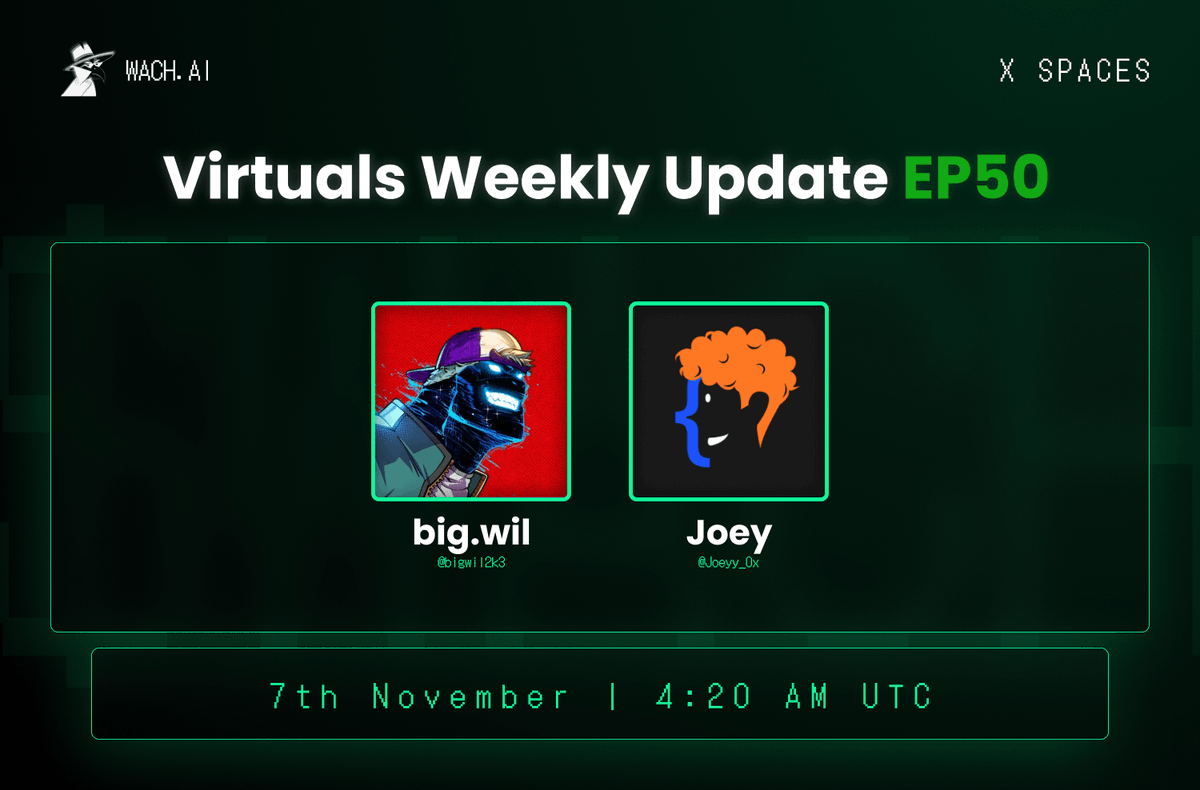 The big 5-0 is here &amp; it’s gonna be 🔥

Join <a href="/bigwil/"></a> &amp; <a href="/Joeyy_0x/">{{joey}}</a> with 40+ teams/builders to decode everything buzzing in the Virtuals ecosystem from verification cluster to ACP &amp; alpha you don’t wanna miss.

→ Verification Cluster deep-dive, fresh alpha &amp; guardrails
→ $WACH