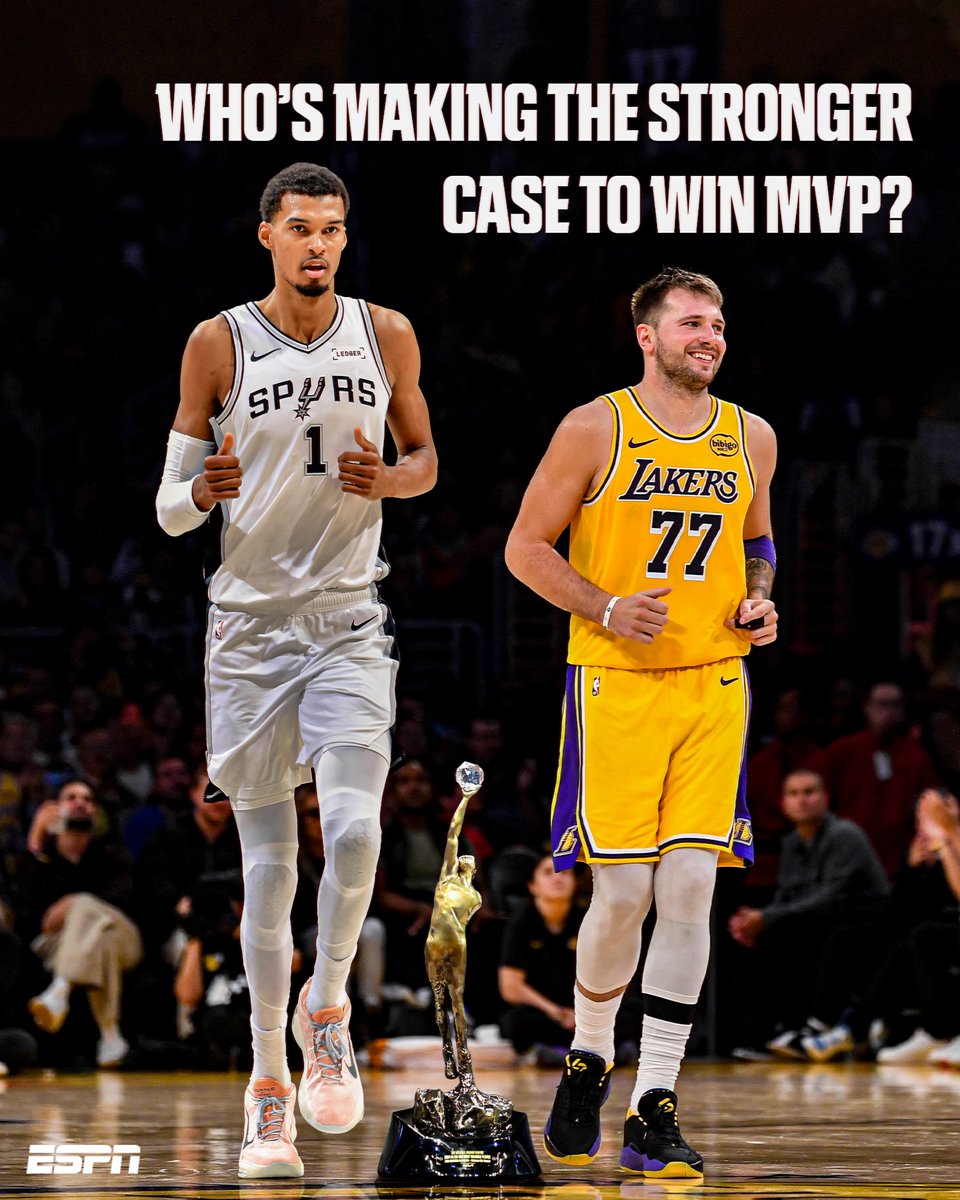 espn's tweet image. Wemby: 26.7 PPG, 13.7 RPG, 4.7 BPG 👽

Luka: 41.3 PPG, 11.5 RPG, 8.3 APG 🪄

These two face off tonight as they continue their hot starts to the season 🔥