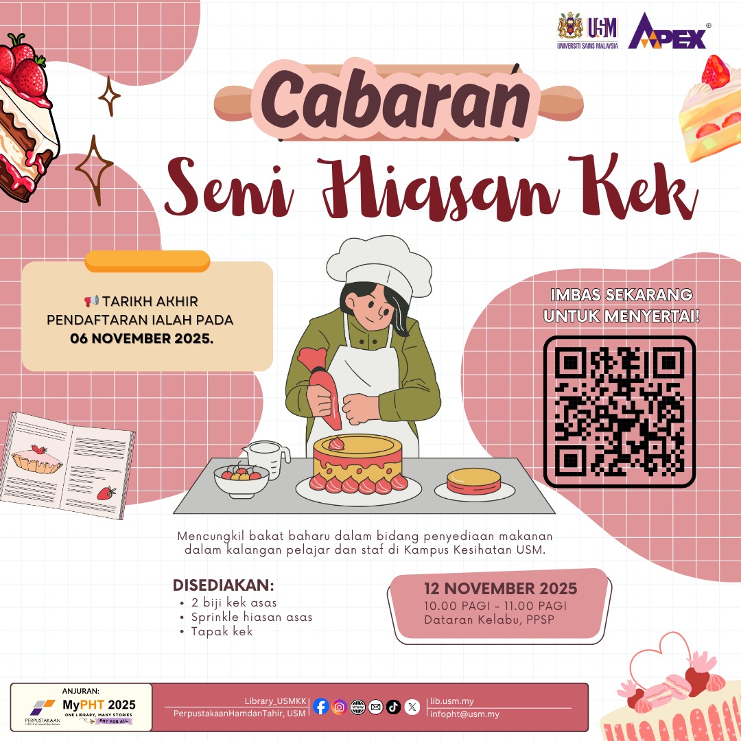 Library_USMKK's tweet image. 🍰✨ CABARAN SENI HIASAN KEK 2025! ✨🍰

Anda ada bakat menghias kek?
📱Pendaftaran boleh dibuat dengan mengimbas QR atau melalui pautan di bawah sebelum tarikh tutup penyertaan.
👉rb.gy/jfmxjb  
Untuk sebarang maklumat lanjut:
👉sites.google.com/view/mypht2025…