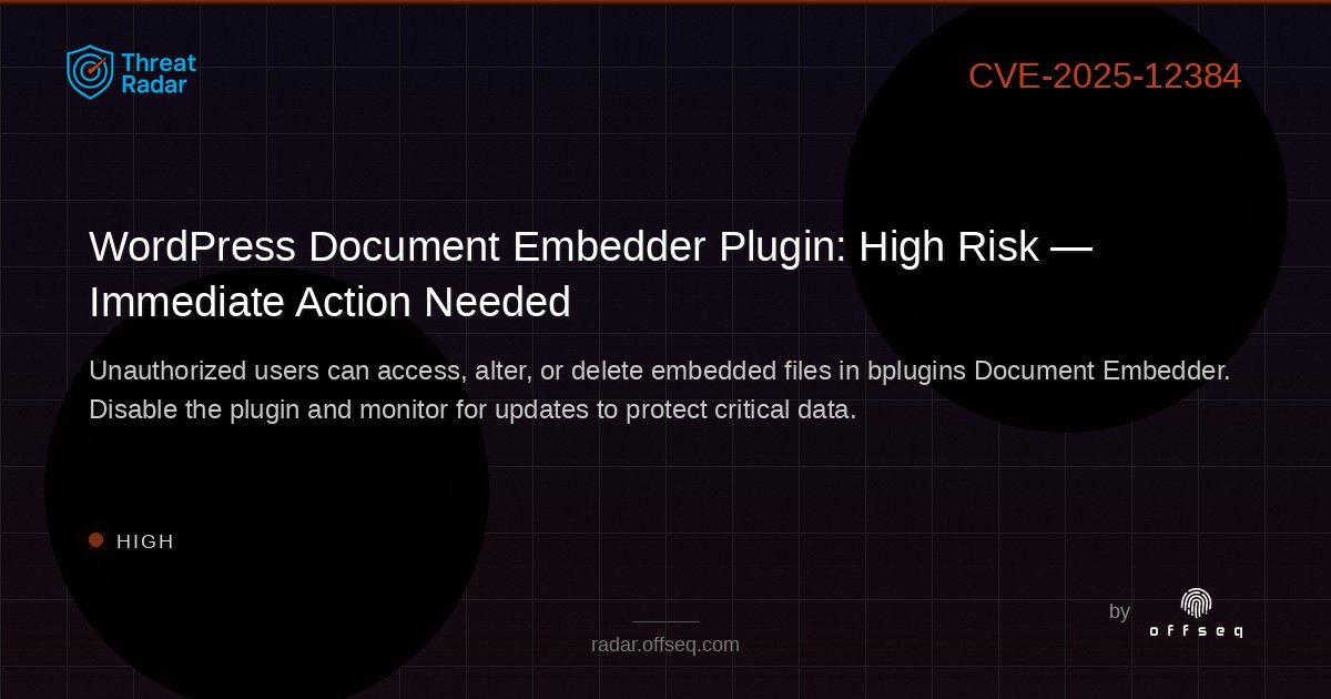 offseq's tweet image. 🚨 HIGH severity: CVE-2025-12384 exposes all WordPress sites using bplugins Document Embedder to unauthorized file access &amp;amp; loss! Disable plugin now, monitor for patches. radar.offseq.com/threat/cve-202… #OffSeq #WordPr...