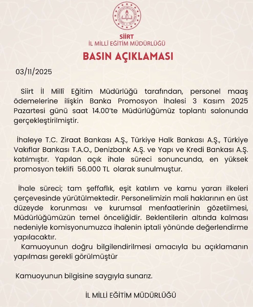 Bugün gelen bir mesajı aynen iletiyorum. 

Sevgili hocam sizlerden bir isteğim olacak Siirtte promosyon anlaşmasında skandal teklif yapıldı 80 90 bin lerin havada ucustugu bir zamanda 56 bin TL teklif edildi ben bir öğretmen olarak sesimizi duyurmanizi istiyorum lütfen paylaşın