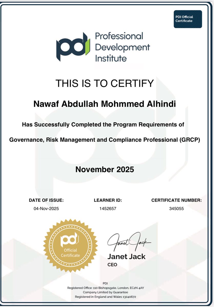 بفضلٍ وتوفيقٍ من الله، اجتزت اختبار الحوكمة وإدارة المخاطر والالتزام (GRCP).
 
 هذه المحطة خطوةً مهمةً في رحلتي نحو تعزيز مفاهيم حوكمة الشركات.

#حوكمة_الشركات #ادارة_المخاطر #حوكمة