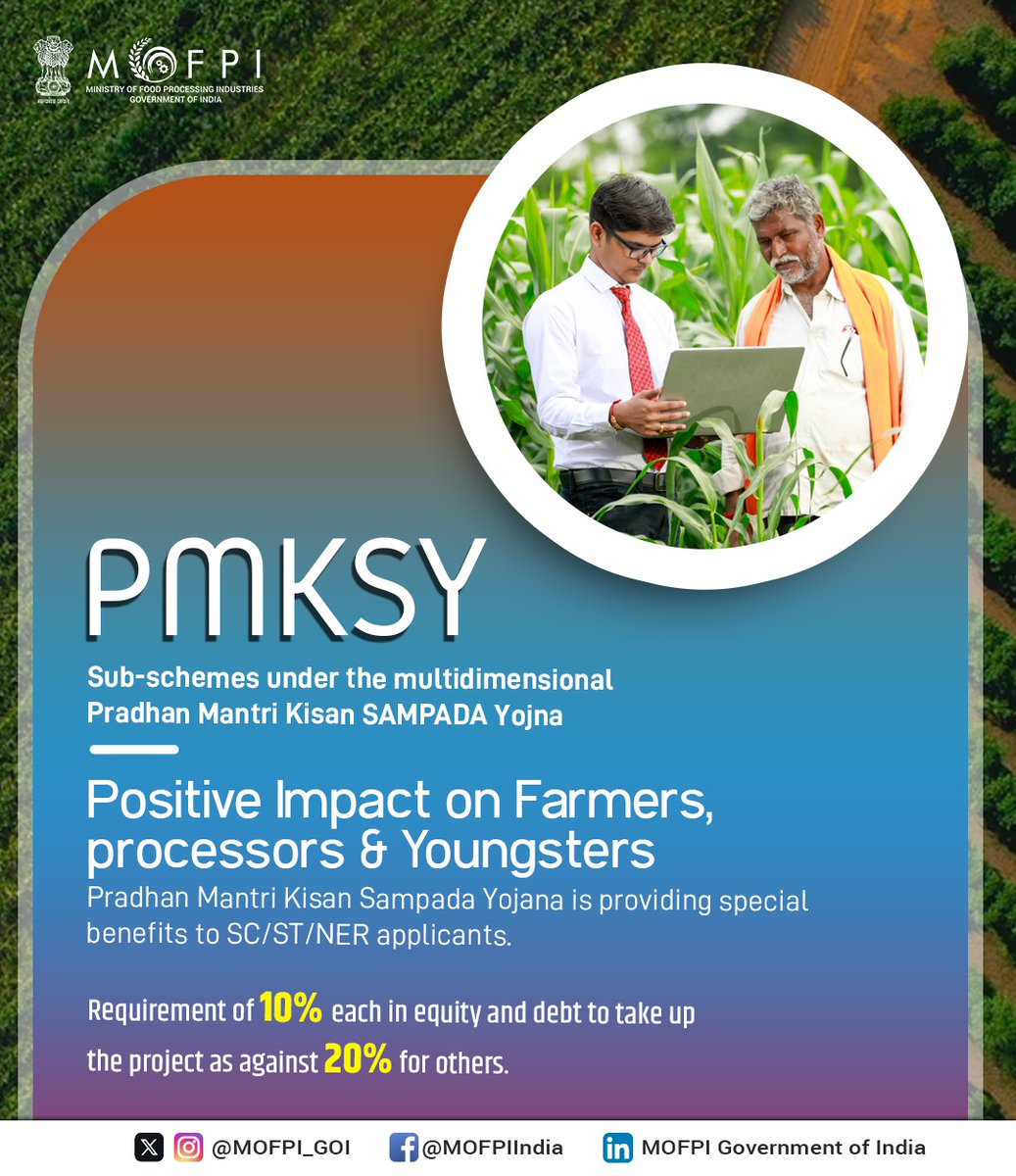 MOFPI_GOI's tweet image. #PMKSY is driving growth in India’s food processing sector by building modern infrastructure, supporting farmers with better prices, boosting employment and reducing post-harvest losses.

Learn more: Sampada-mofpi.gov.in

#ProcessingForProsperity