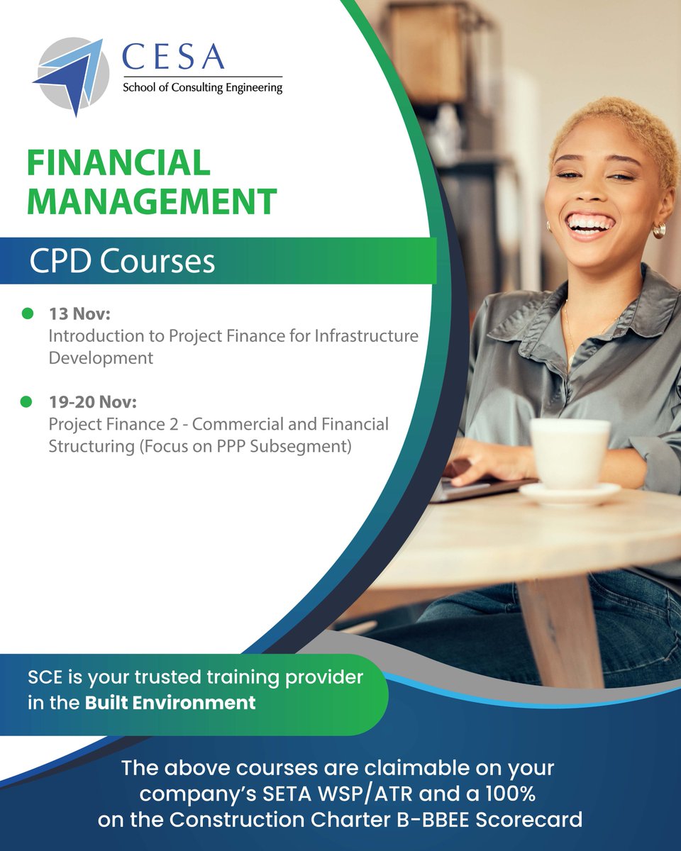 CESA_SCE's tweet image. Unsure how finance shapes your project’s success?
Our Financial Management CPD courses give engineers the insight to plan, fund &amp;amp; manage effectively. Turn financial know-how into a career advantage.
🔗 Enrol now: cesa.co.za/sce/school-of-…
#ProjectFinance
#SCEcourses