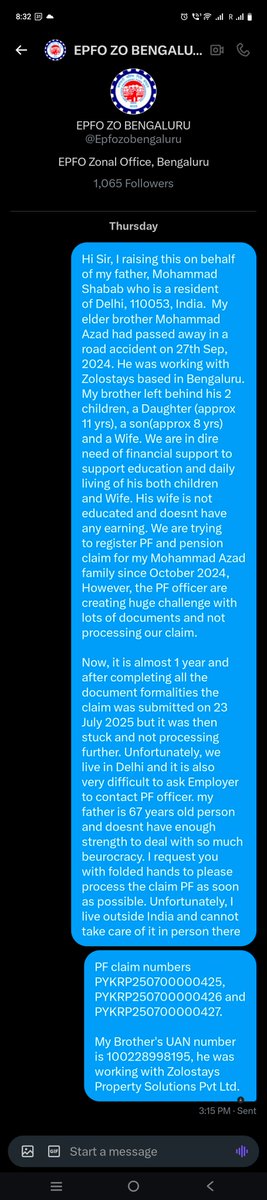 mazaz1988's tweet photo. @LabourMinistry @mansukhmandviya @ShobhaBJP I am writing to seek urgent help 2 get PF and pension amt released for my deceased brother, which we desperately need to support his 2 kids (8 Years and 12 yrs) and a wife.We are in never ending loop with @officialepfo  Bangalore office https://t.co/NgZXfH2UgN