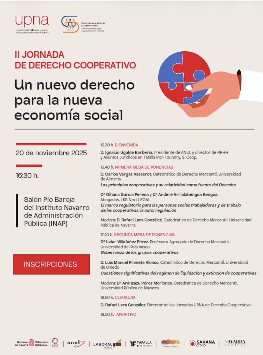 📢 El 20 de noviembre en el Salón Pío Baroja del INAP a las 16:30 h. se celebra II Jornada de Derecho Cooperativo: "Un nuevo derecho para la nueva economía social". 
Inscripciones 👉docs.google.com/forms/d/e/1FAI…
IncrIns