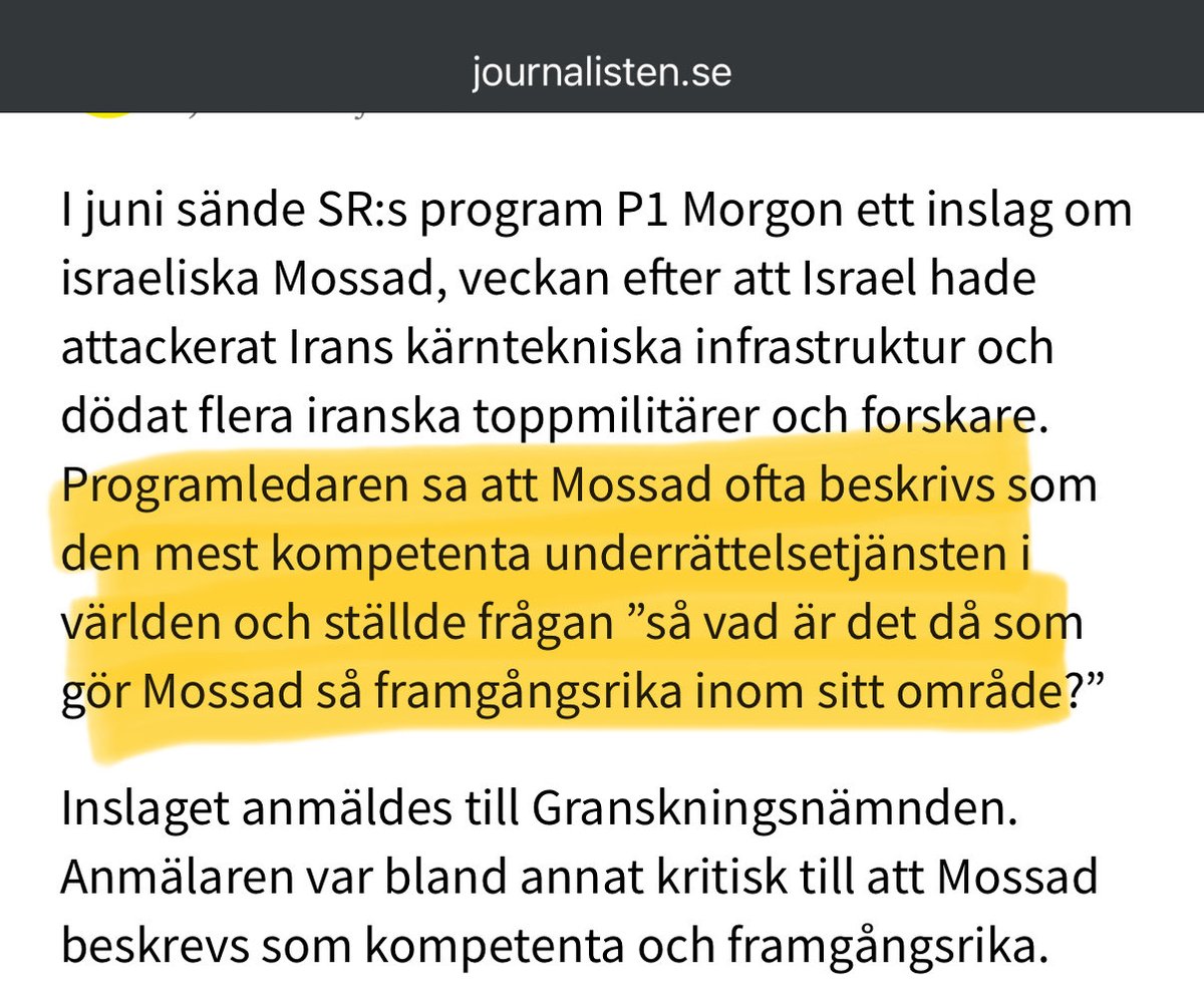 Det här uttalandet från en programledare i P1 Morgon strider alltså mot ”kravet på opartiskhet” enligt Granskningsnämnden. Riktigt opartisk är bara den som tillfogar en åsikt om vilken hemsk organisation Mossad är? Svårt att tolka den här fällningen på annat sätt.