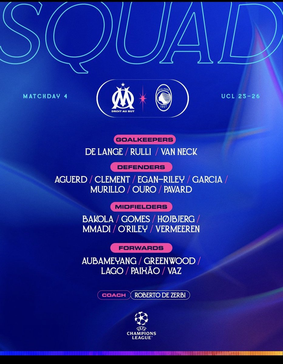 VueDuVel's tweet image. 💥 𝐒𝐐𝐔𝐀𝐃 𝐋𝐈𝐒𝐓 📋 #OMAtalanta

Les 2️⃣1️⃣ guerriers retenus par 𝗥𝗼𝗯𝗲𝗿𝘁𝗼 𝗗𝗲 𝗭𝗲𝗿𝗯𝗶 🇮🇹 pour la 4️⃣ème bataille européenne de la saison 🔵⚪️

Direction le Vélodrome pour écrire une nouvelle page de l’histoire 💣🔥

#TeamOM #UCL #VUEduVel
