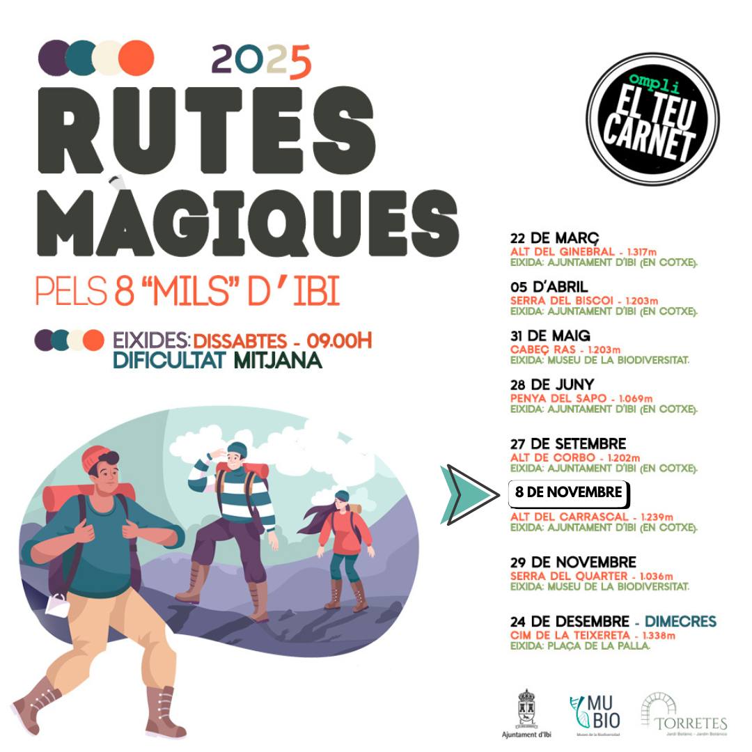 #IbiMediAmbient] 🏔️Seguim amb les Rutes Màgiques pels 8 Mils d’Ibi 2025!
📌Dissabte, 8 de novembre
Cim: Alt del Carrascal (1.239 m)
Eixida: 09.00 h des de l’Ajuntament (amb cotxe)
Dificultat: Mitjana – Duració 4-5 h
👉Descobrirem un dels cims més emblemàtics del nostre entorn.👏