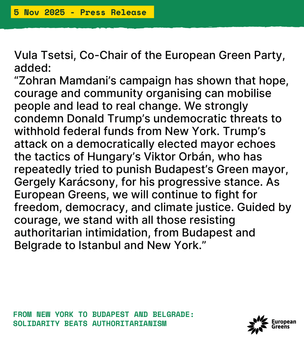 Together with our co-chairs <a href="/VulaTsetsi/">Vula Tsetsi</a> &amp; <a href="/CiaranCuffe/">Ciarán Cuffe</a>, we congratulate Zohran Mamdani on his historic victory as Mayor of New York, and denounces the threats of US president Donald Trump.

europeangreens.eu/news/from-new-…
