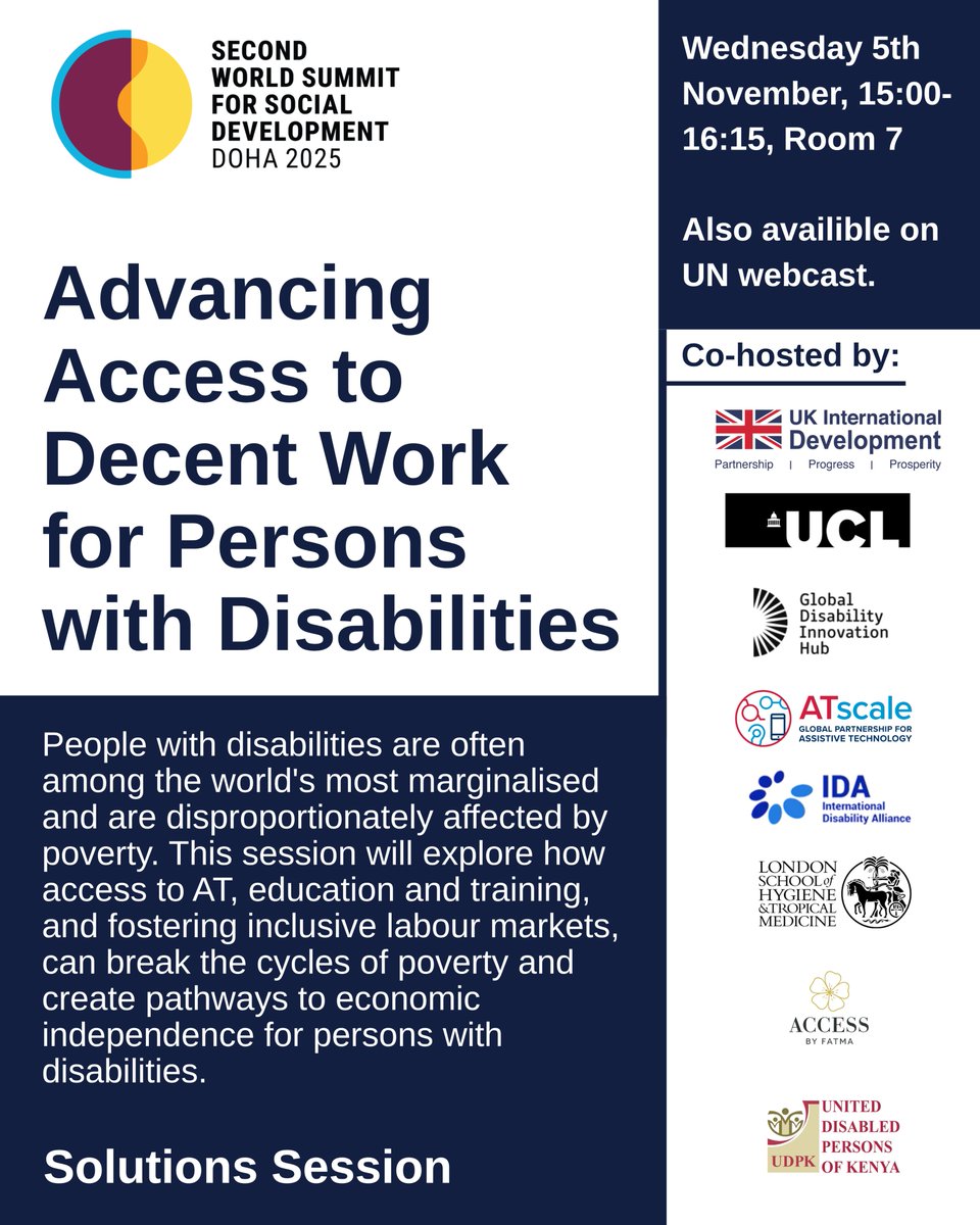 Join us at the #SocialDevelopmentSummit in Doha for a session on inclusive employment for persons with disabilities. <a href="/mkamoriesther/">Esther Mkamori</a> will be on the panel. #InclusiveFutures

🗓️ 5 Nov | ⏰ 15:00–16:15 | 📍 Room 7
💻 Also on UN Webcast
#DisabilityInclusion #DecentWork #AssistiveTech