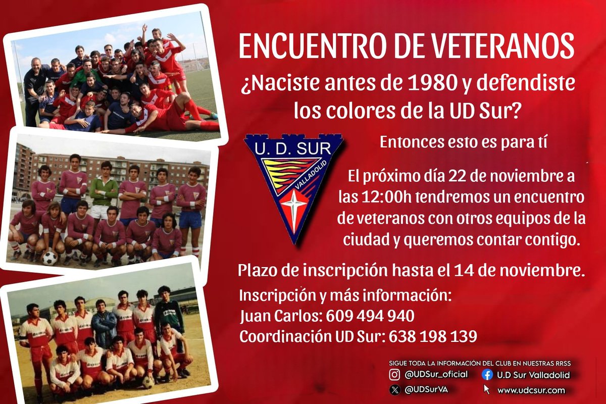 UDSurVa's tweet photo. Veteranos del club... ¡Os estamos buscando!
Si has defendido los colores de la @UDSurVa y naciste antes de 1980, esto te interesa.
Tendremos un encuentro de veteranos y queremos contar contigo.
Infórmate ya en los teléfonos del cartel. Tienes hasta el 14 de noviembre. https://t.co/usKc2kVf0Z