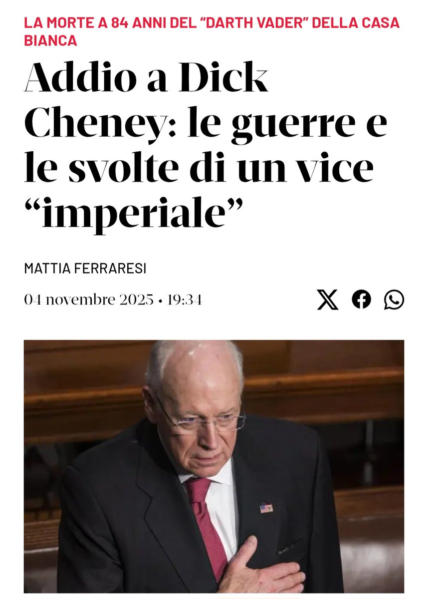 Chissà se tramerà per fare improponibili guerre anche nell'aldilà?
O se troverà ancora modo di proteggere  qualche truffatore abusando dei propri poteri?

#Cheney 

.