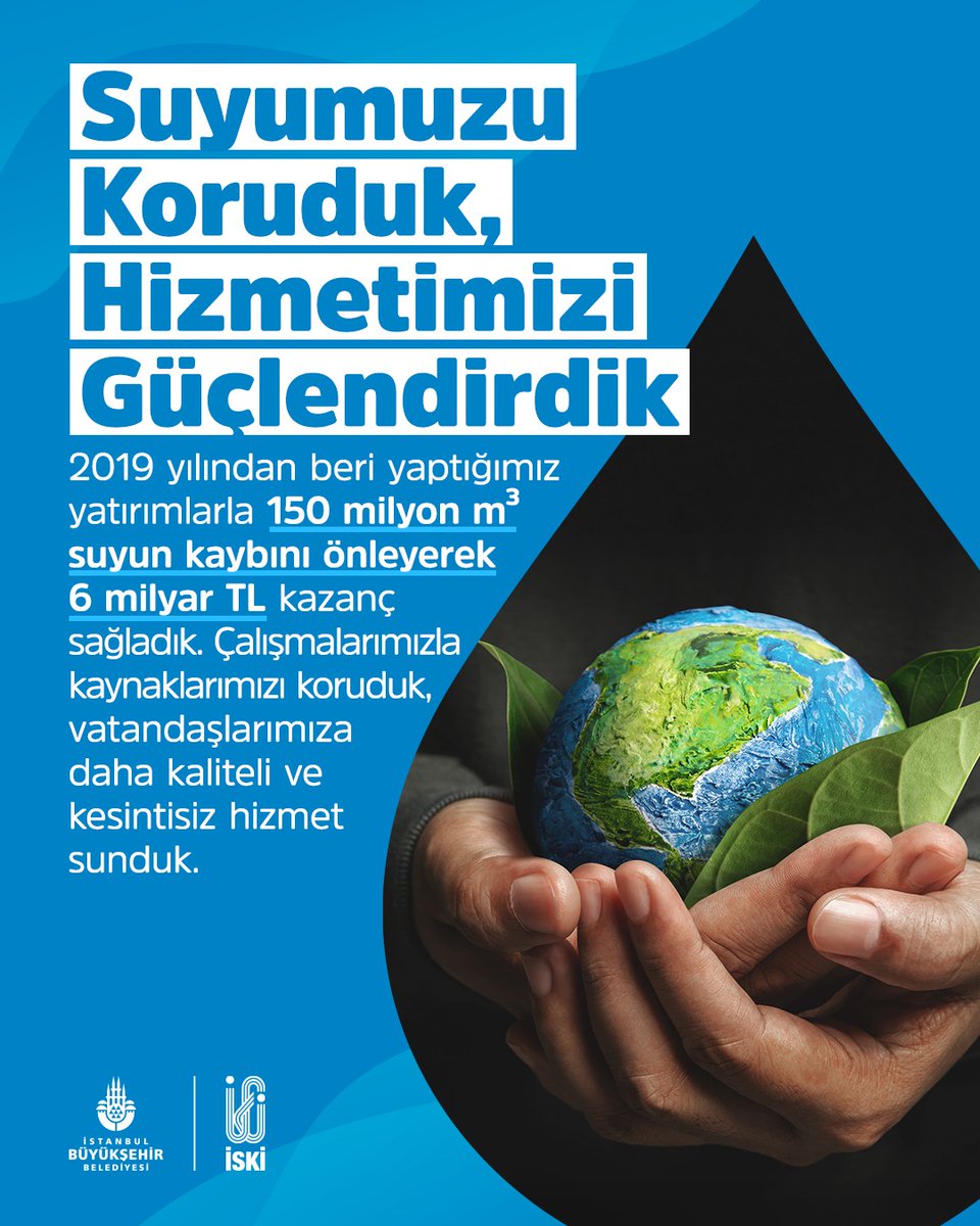 💧 Suyumuzu koruduk, hizmetimizi güçlendirdik!

2019 yılından beri yaptığımız yatırımlarla 150 milyon metreküp suyun kaybını önleyerek 6 milyar TL kazanç sağladık. ♻️