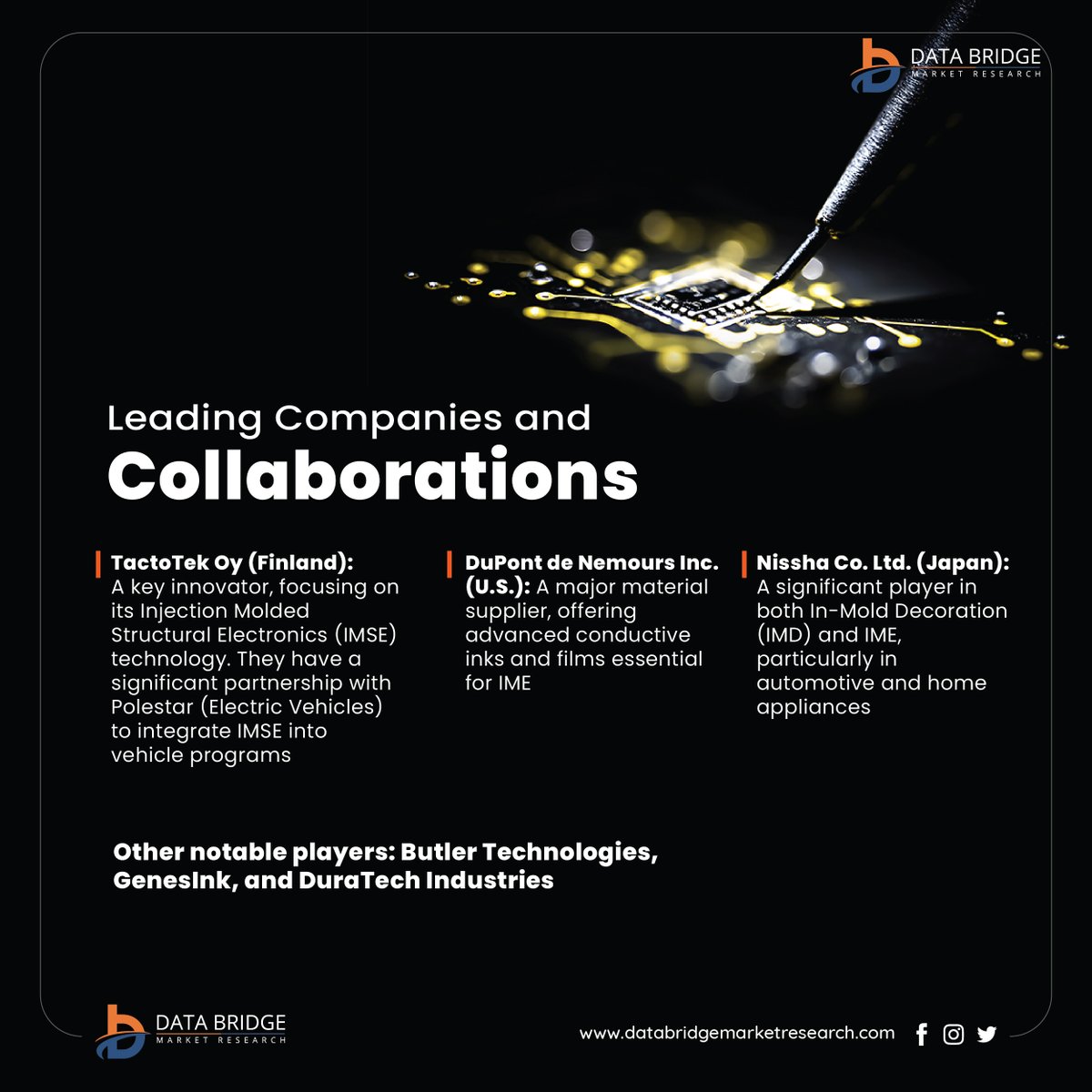 DBMROfficial's tweet image. The global In-Mold Electronics Market is set to jump from USD 250M (2024) to USD 1.70B (2033) at a 27.12% CAGR! 

Why it matters:
• Electronics are seamlessly integrated into molded parts — no visible wiring

Explore 
databridgemarketresearch.com/reports/global…

#InMoldElectronics #SmartSurfaces