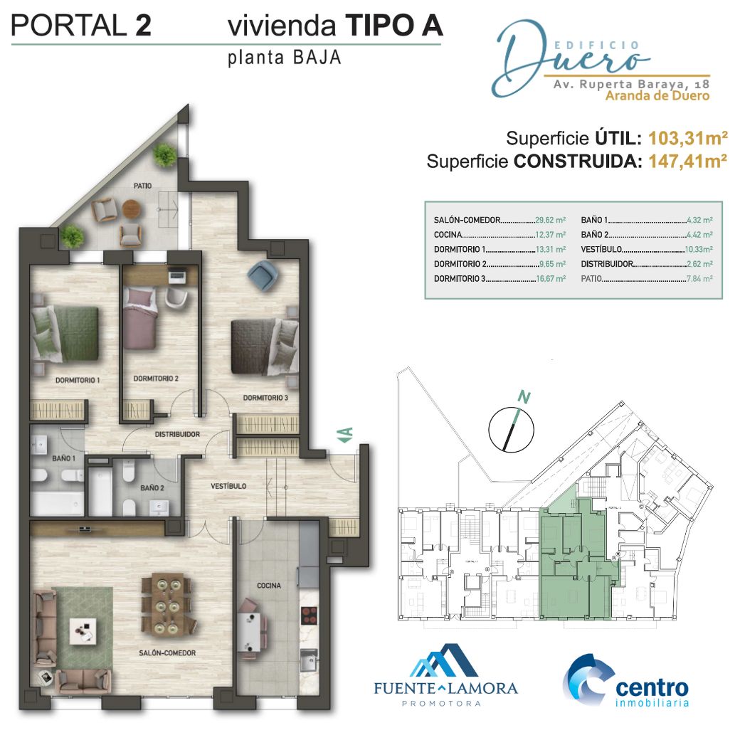 #Promoción en #ArandadeDuero: EDIFICIO DUERO #Viviendas de nueva generación.
Máxima eficiencia energética y clasificación ‘A’.
Portal 2, Tipo A, Bajo. Salón, Cocina, 3 dormitorios, 2 baños, vestíbulo y distribuidor. 103,31m2 útiles y 147,41m2 construidos.
edificioduero.es