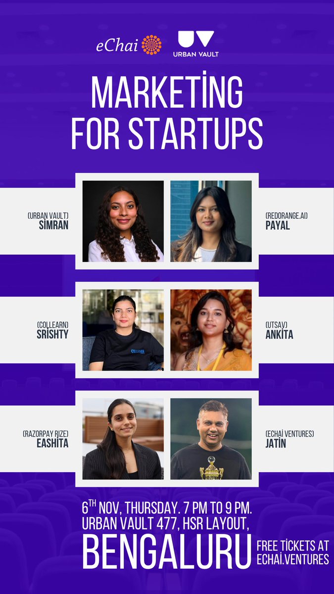 I'll be in Bengaluru this week.

I'll be hosting a series of eChai meetups across the city.

Kicking off tomorrow evening. with Marketing for Startups at <a href="/UrbanVault/">Urban Vault</a> 477, HSR Layout.

We’ll be joined by:

Simran Chanda (Urban Vault)
Eashita Maheshwary (Razorpay Rize)
Srishty Jain