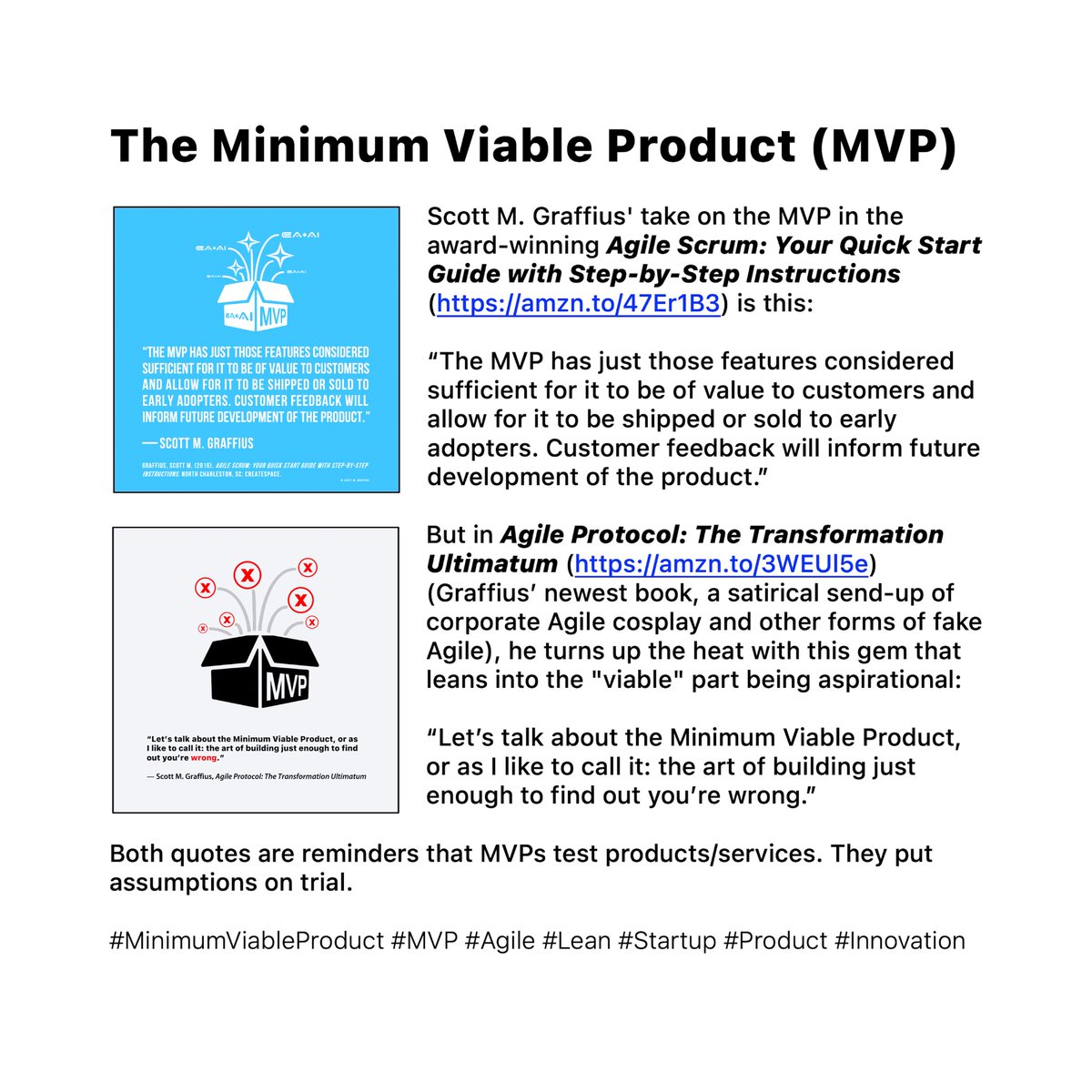ScottGraffius's tweet image. The attached image shares two perspectives on the MVP: classic from AGILE SCRUM; cheeky from AGILE PROTOCOL. Both remind us that MVPs test assumptions and reveal if we&apos;re on track or hilariously off.

#MinimumViableProduct #MVP #Agile #Lean #Startup #Product #Innovation