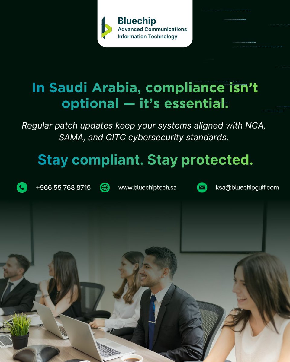 bluechip_tech's tweet image. 🛡️ In Saudi Arabia, compliance isn’t optional, it’s essential.

Keep your systems secure &amp;amp; aligned with NCA, SAMA &amp;amp; CITC standards.

💻: bluechiptech.sa
📞 +966 55 768 8715
✉️ ksa@bluechipgulf.com

#bluechiptech #cybersecurity #patchmanagement #SaudiArabia