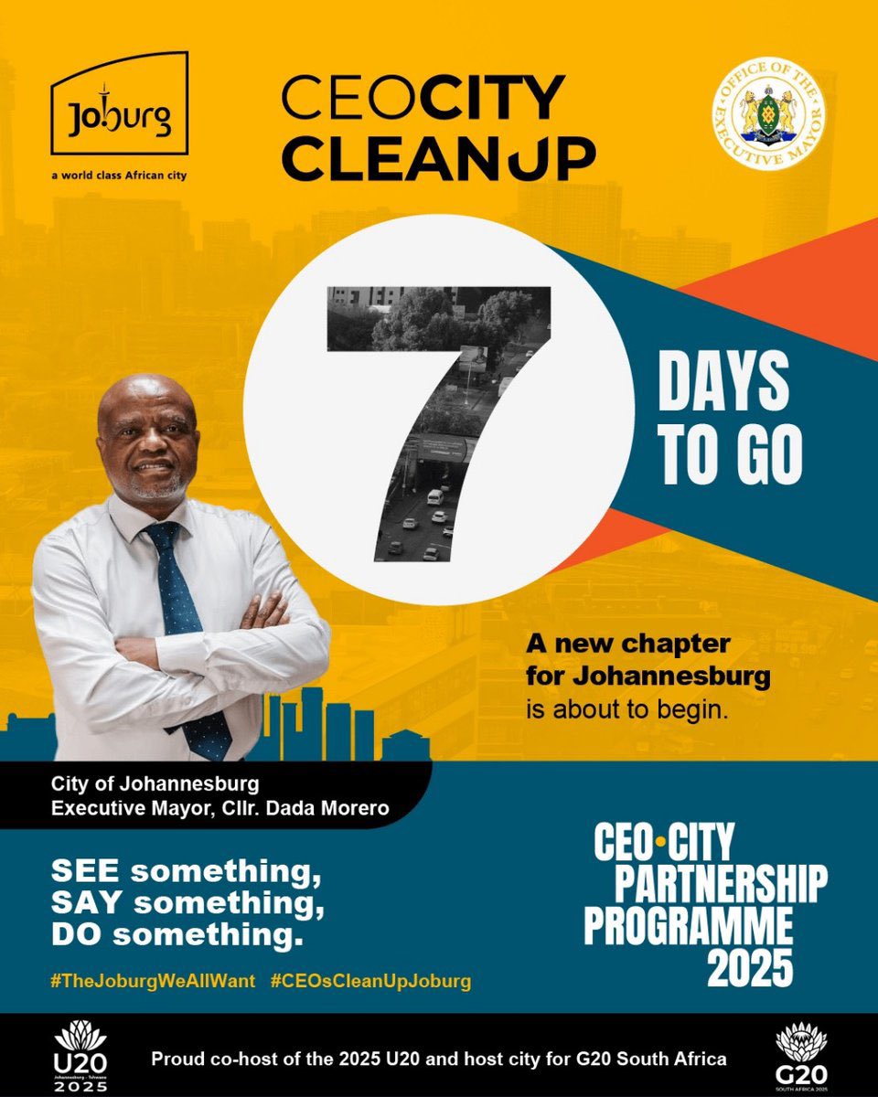 DadaMorero's tweet photo. Joburg is launching one of its most significant civic mobilisations ever—a relentless urban renaissance, street by street. This partnership is built on accountability. 

Your role starts now:
SEE SOMETHING. DO SOMETHING.
· Spot a service delivery issue?
· Take a photo & record the location.
· Tag us using #CEOsCleanUpJoburg.

Your actions will trigger immediate response as the three-day programme begins. No more waiting. No more blaming. #TheJoburgWeAllWant #CEOsCleanUpJoburg