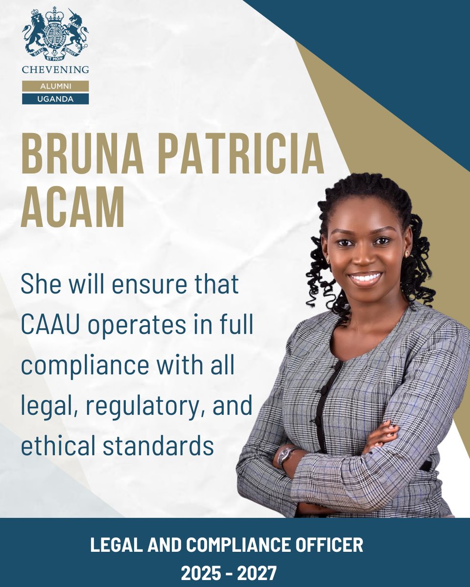 CheveningUganda's tweet image. We are excited to introduce Bruna Patricia Acam (@BrunaAcam), who joins our leadership team as Legal and Compliance Officer.   

Ms Acam will ensure that our association operates in full compliance with all legal, regulatory, and ethical standards. 

Congratulations, Ms Acam.