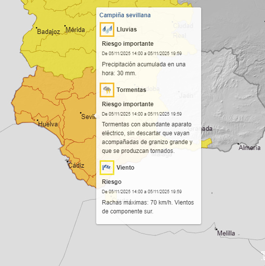 🟥09:00 h. El <a href="/Ayto_Sevilla/">Ayuntamiento de Sevilla</a> activa el Plan Territorial de Emergencias de Sevilla en fase Preemergencia Nivel 1 ante los pronósticos oficiales de <a href="/AEMET_Esp/">AEMET</a> para la jornada de hoy en #Sevilla y la activación de los siguientes avisos #Aemet por fenómenos meteorológicos adversos de