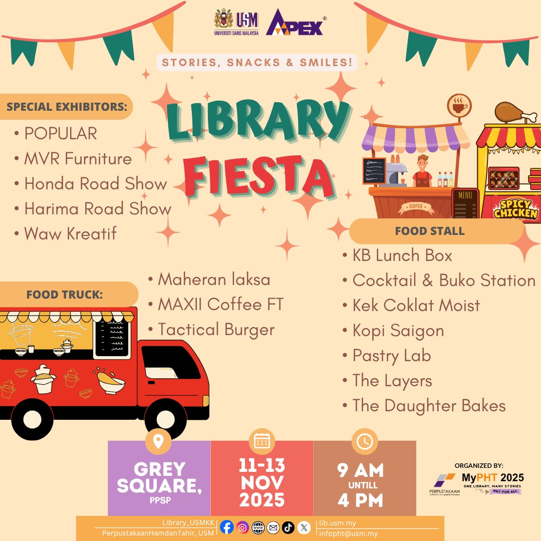 Library_USMKK's tweet image. MyPHT 2025 is back!
Get ready to explore a variety of exciting activities at MyPHT 2025: “One Library, Many Stories: PHT for All”!
🎉Stories, Snacks &amp;amp; Smiles!🎉
Enjoy exciting activities like games, quizzes, lucky draws and booths.
Come learn, play and win cool prizes with us!🎁