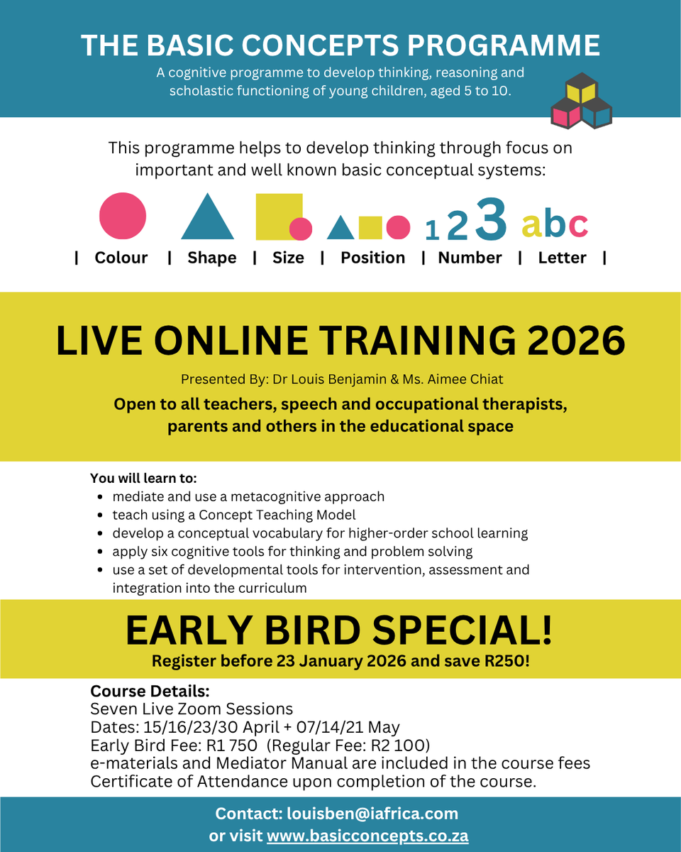 basicconcepts1's tweet image. 🌍 Ready to grow your practice?
 Join the BCP Live Online Training 2026 — 7 immersive virtual sessions designed for educators, therapists &amp;amp; parents who believe every child can learn.
🕊️ Early Bird: R1750 before Jan 23
🔗 forms.gle/12dqv1yCXg5QXB…
 #BCPOnlineTraining