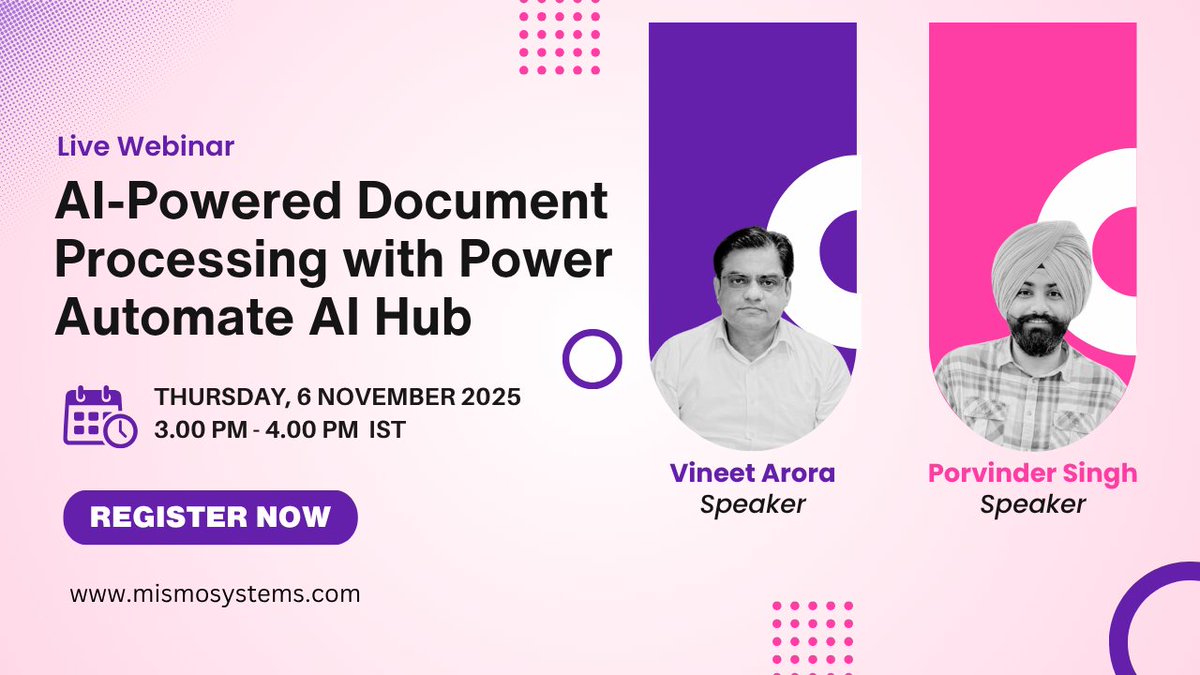 MismoSystems's tweet image. ⏰ Just 1 day left! Join our free webinar tomorrow at 3 PM IST and see how #MicrosoftPowerAutomate #AIHub is transforming document workflows.

💡Live demo, real use cases &amp;amp; expert insights!

Register now 👉events.teams.microsoft.com/event/28b949a6…

#AI #Automation #Webinar #MismoSystems