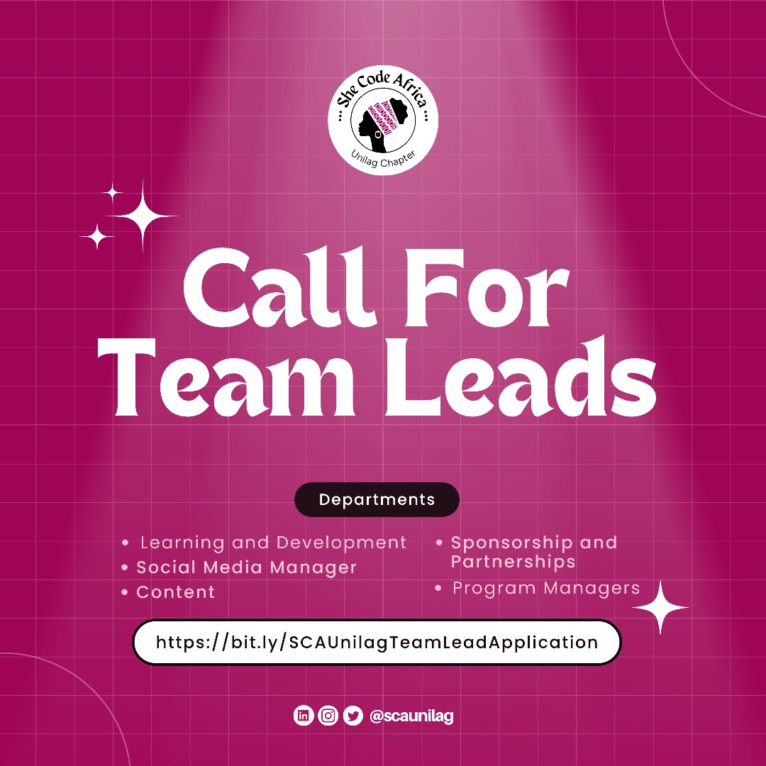 Call for Team Leads - SCA UNILAG Chapter
Are you passionate about leadership, growth, and making an impact in tech?
We’re looking for driven individuals to take up Team Lead roles across our departments.

🔗 Apply now: bit.ly/SCAUnilagTeamL…
Deadline: 8th of November, 2025
#sca