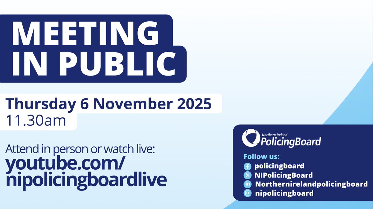 NIPolicingBoard's tweet image. Our meeting in public with @ChiefConPSNI takes place tomorrow at 11.30am. Make sure you&apos;re subscribed to our YouTube channel to be notified when we go live: youtube.com/nipolicingboar… 

If you&apos;d like to attend in person, find out how here: nipolicingboard.org.uk/how-you-can-at…