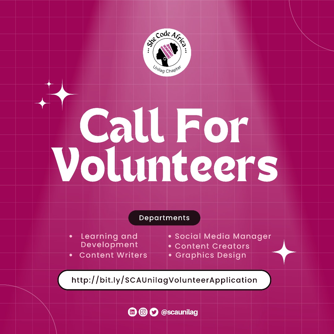 Join the SCA UNILAG Team as a Volunteer

Do you want to grow your skills, connect with amazing women in tech, and contribute to something impactful?

🔗 Apply here: bit.ly/SCAUnilagVolun…

Deadline: 8th of November, 2025

#sca #scaunilag