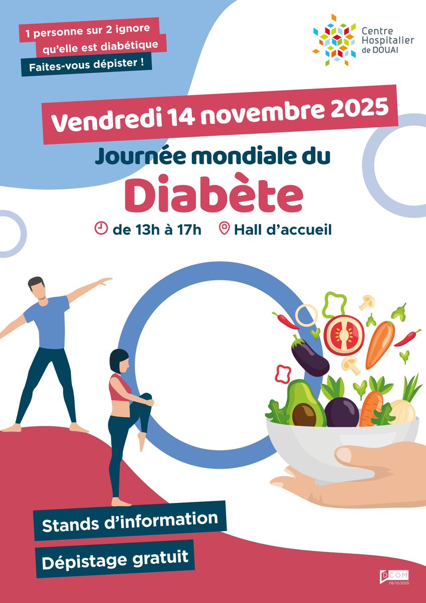 🔵 Journée mondiale du diabète – 14 novembre
📍 Hall du CH de Douai | 🕐 13h–17h

Dépistage + infos + conseils des professionnels 👇

✅ Prévention
✅ Échanges
✅ Sensibilisation

➡️ Tout public, sans rendez-vous.