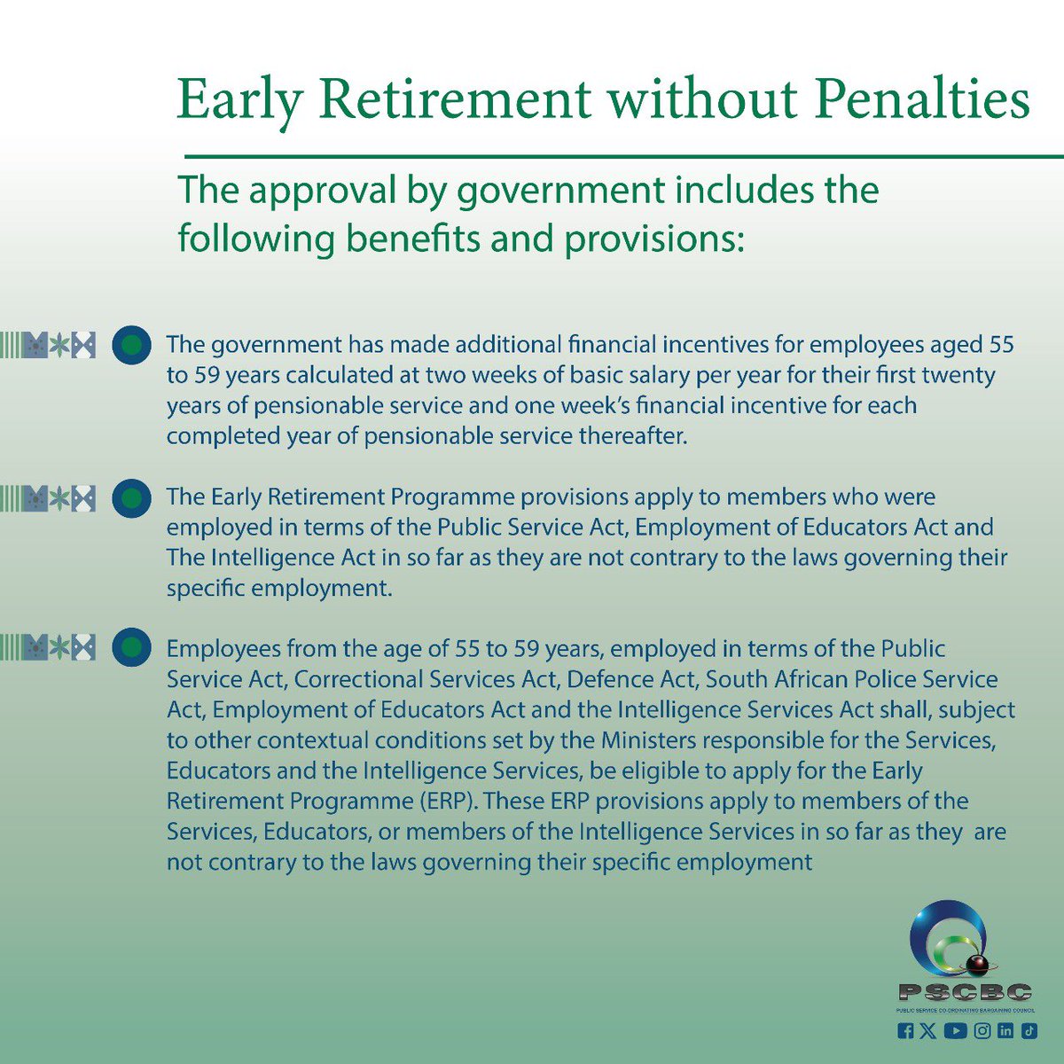 pscbcnews's tweet photo. The Department of Public Service Administration has approved the introduction of early retirement without penalisation of pension benefits for employees aged 55 to 59 years old.The introduction was issued on circular 38 of 2025 and in terms of section 16(6) of the https://t.co/HKDVGLQUIG