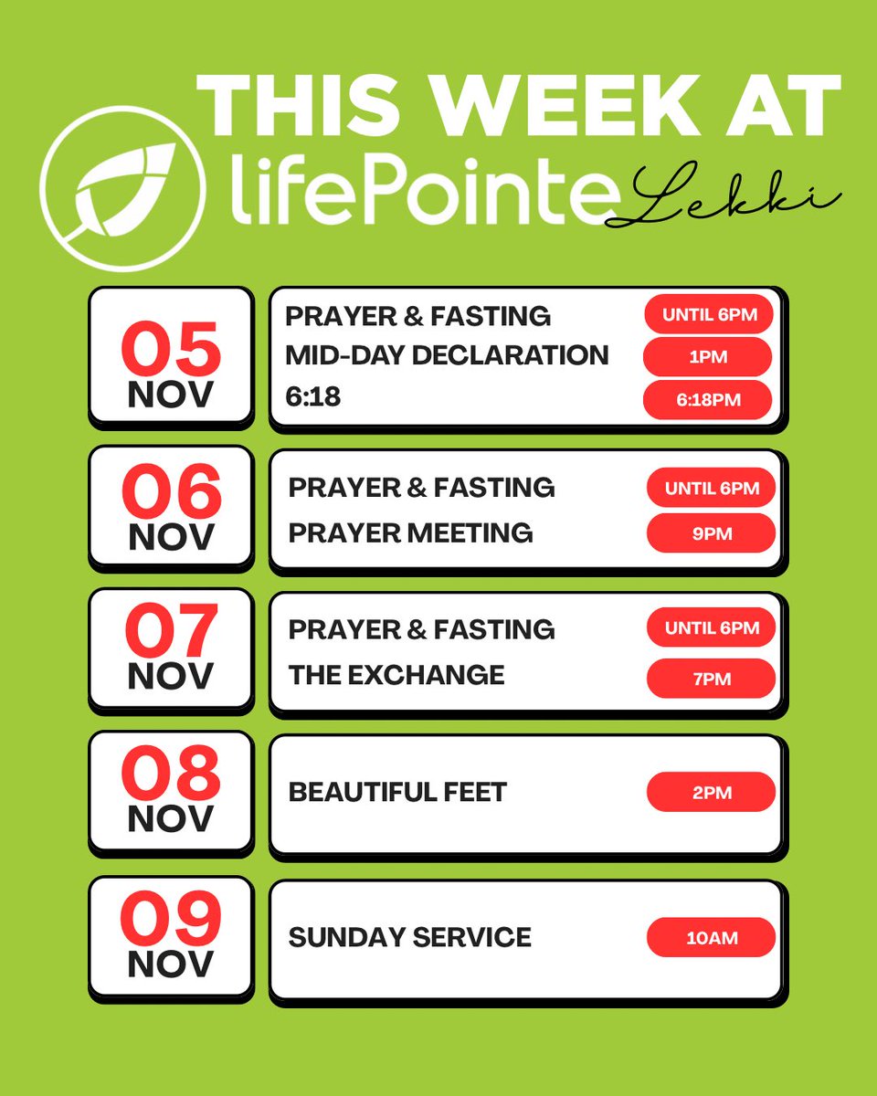 Join us for a powerful week of prayer, fasting, and fellowship! We’re fasting until Friday! 

Come expectant and invite your people — God is moving! 💚