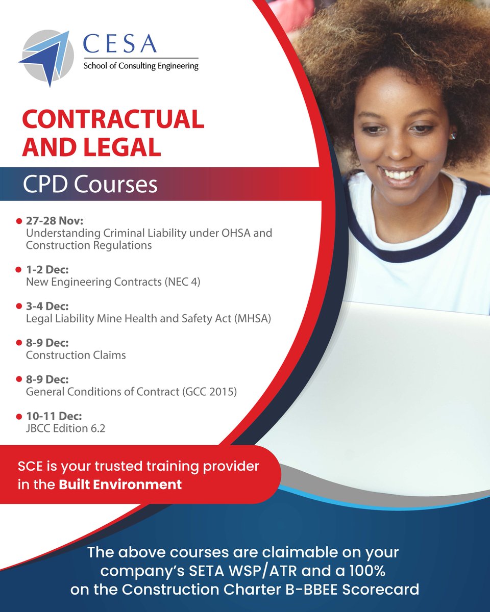 Contract disputes slowing your projects down?

Get the tools to manage contracts, resolve claims &amp; stay compliant with our CPD courses: Construction Claims GCC 2015 (ECSA &amp; SACPCMP Validated) NEC4

🔗 Enrol now: cesa.co.za/sce/school-of-…
#SCEcourses