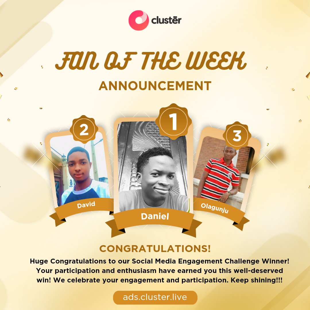 clusterliveapp's tweet image. Our social media superstar has been crowned! Congratulations to Daniel, Daniel, Roseline for dominating the engagement game across #Instagram, #Facebook, and #Twitter! The challenge doesn&apos;t end here - keep #sharing, #liking, and commenting to win our next round of prizes. Cheers