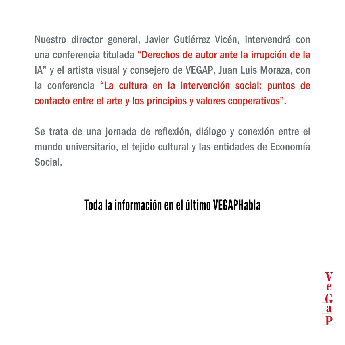 El próximo jueves 6 de noviembre VEGAP participará en el XI Encuentro Universidad Cooperativismo y Economía social en la Comunidad de Madrid, organizado por FECOMA y la Universidad Rey Juan Carlos que se celebrará en el Campus de Vicálvaro (Madrid). @fecomamadrid #economiasocial
