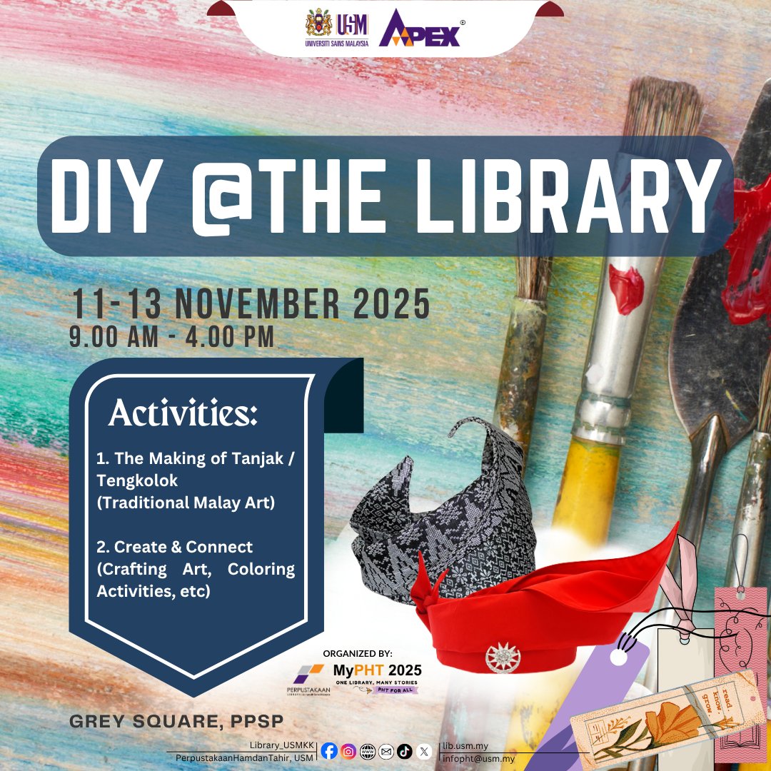 Library_USMKK's tweet image. 🎨 DIY @ THE LIBRARY! 🎨

Looking for something fun and creative to do? 😍

✨ Exciting activities await you:
1️⃣The Making of Tanjak/Tengkolok (Traditional Malay Headgear Art)
2️⃣Create &amp;amp; Connect - crafting, coloring and more fun DIY sessions!