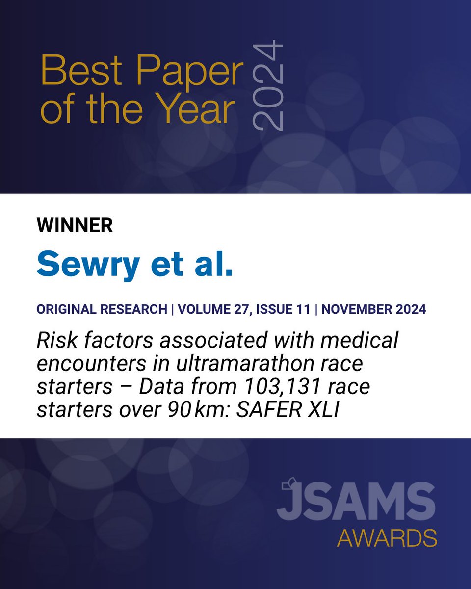 _JSAMS's tweet image. We are happy to announce the winner of the JSAMS Best Paper of the Year Award for 2024, Nicola Sewry et al. &quot;Risk factors associated with medical encounters in ultramarathon race starters – Data from 103,131 race starters over 90 km: SAFER XLI&quot;. Read: zurl.co/KuObj