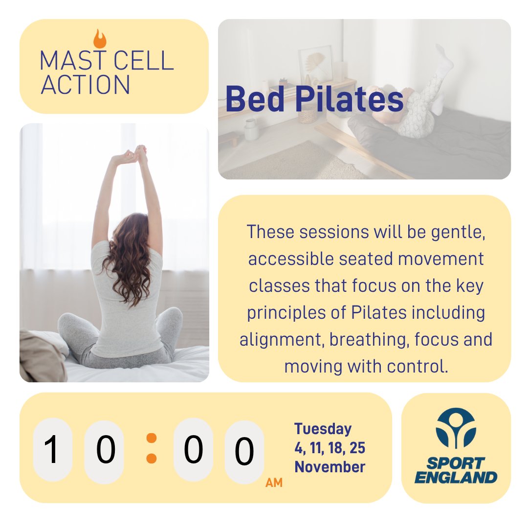 Bed Pilates sessions on a Tuesday morning hosted by Leanne English from Mobilates. These sessions will be gentle, accessible seated movement classes that focus on the key principles of Pilates, including alignment, breathing, focus and moving with control.
mastcellaction.org/mast-cell-acti…