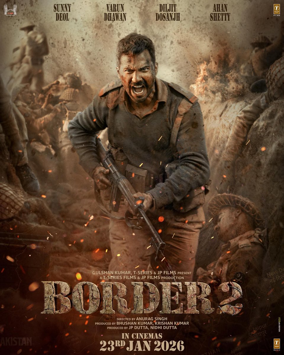 Kumar_rahul_raj's tweet image. VARUN DHAWAN&apos;S FIRST LOOK FROM &apos;BORDER 2&apos; UNVEILED – 23 JAN 2026 RELEASE... After the tremendous response to the first poster of #Border2 featuring #SunnyDeol, the makers have now unveiled the #FirstLook of #VarunDhawan from the film.