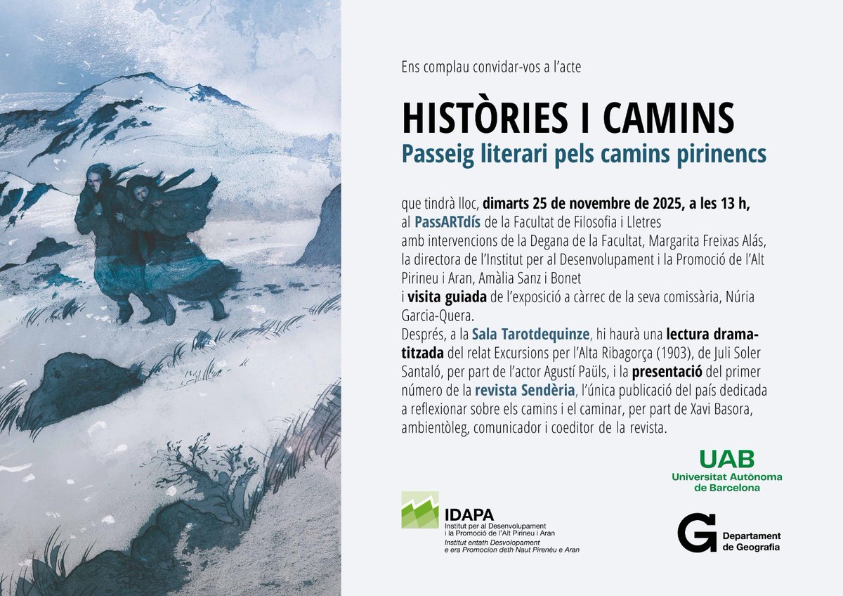 Geografia_UAB's tweet image. Eps! apunteu-vos- a l&apos;agenda, el proper 25 de novembre inauguració de l&apos;exposició &quot;Històries i camins. Passeig literari pels camins pirinencs&quot; de la qual la @NuriaGarciQuera és la comissària. @apelachs, @acebollada, @gramp_uab
sompirineu.cat/histories-i-ca…